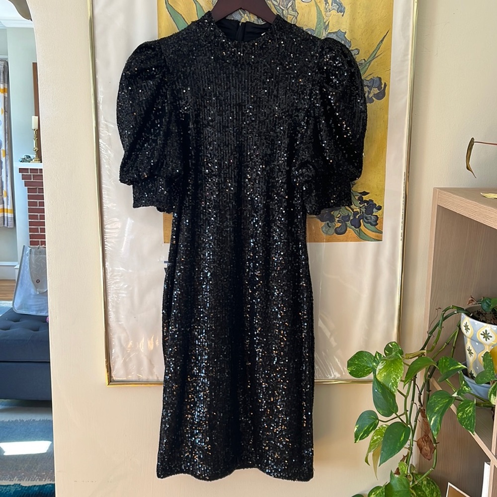 Joie black sequin dress with puff sleeves size xs
